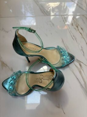 Jessica Simpson Teal Metallic Chain-Detail Ankle-Strap Heels
